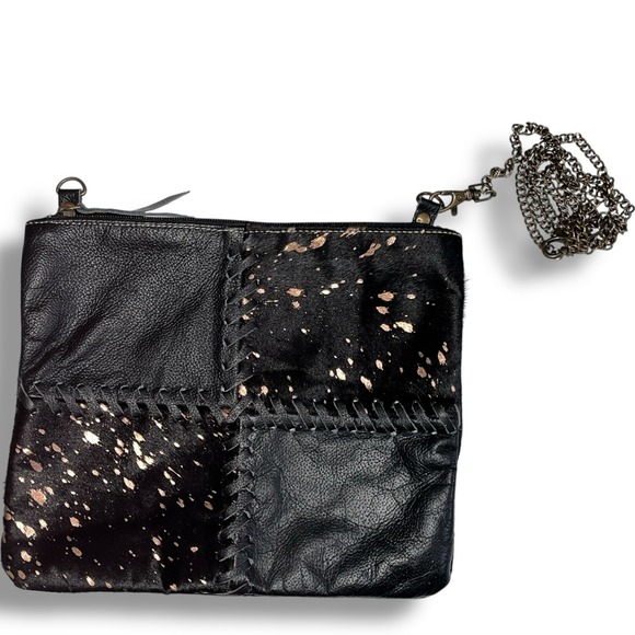 Bhrayna Bags Black Leather Patchwork Crossbody Bag with‎ Chain Strap - Picture 1 of 7